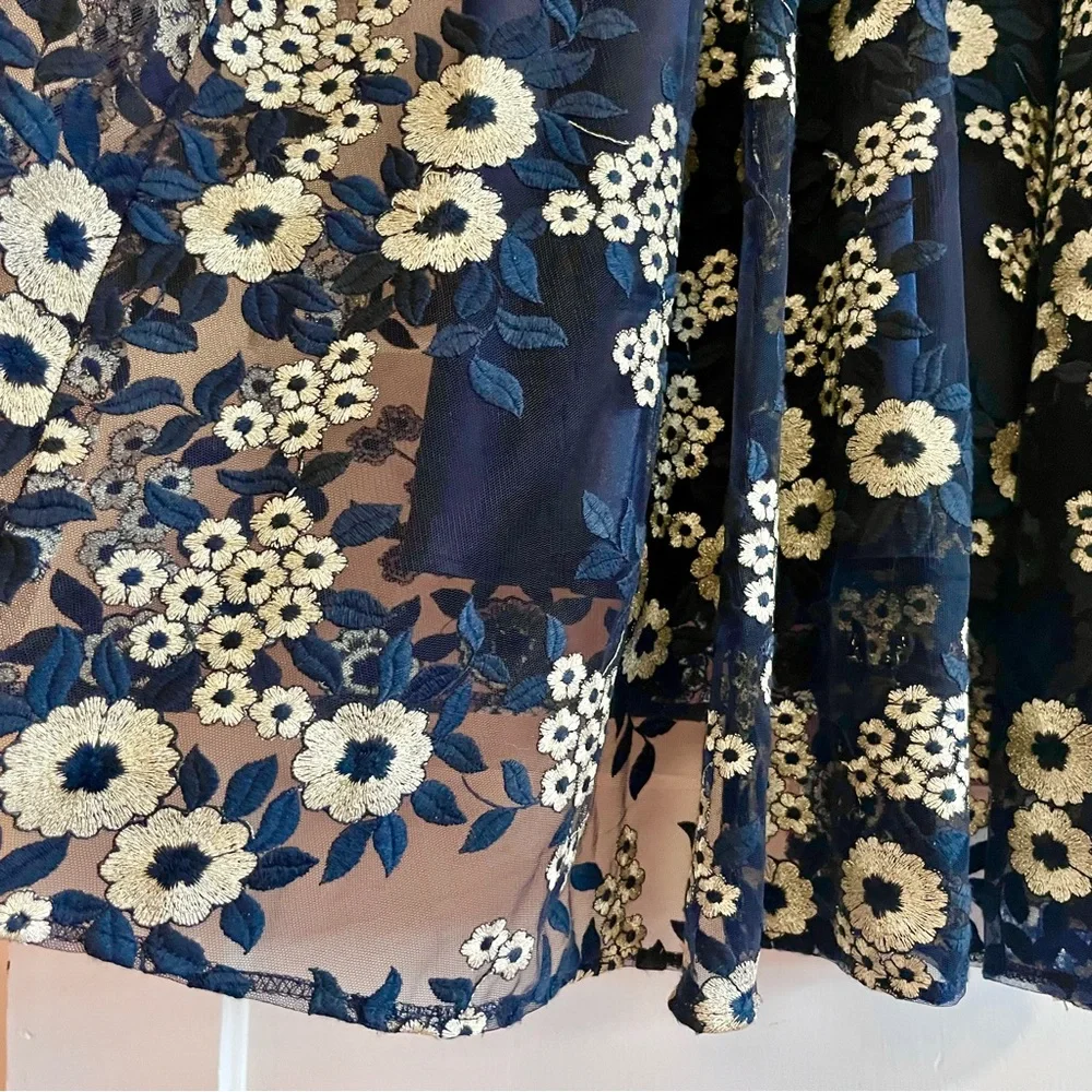 Tahari Elegant Sleeveless Dress with White Floral Embroidery over Deep Blue - Picture 8 of 14